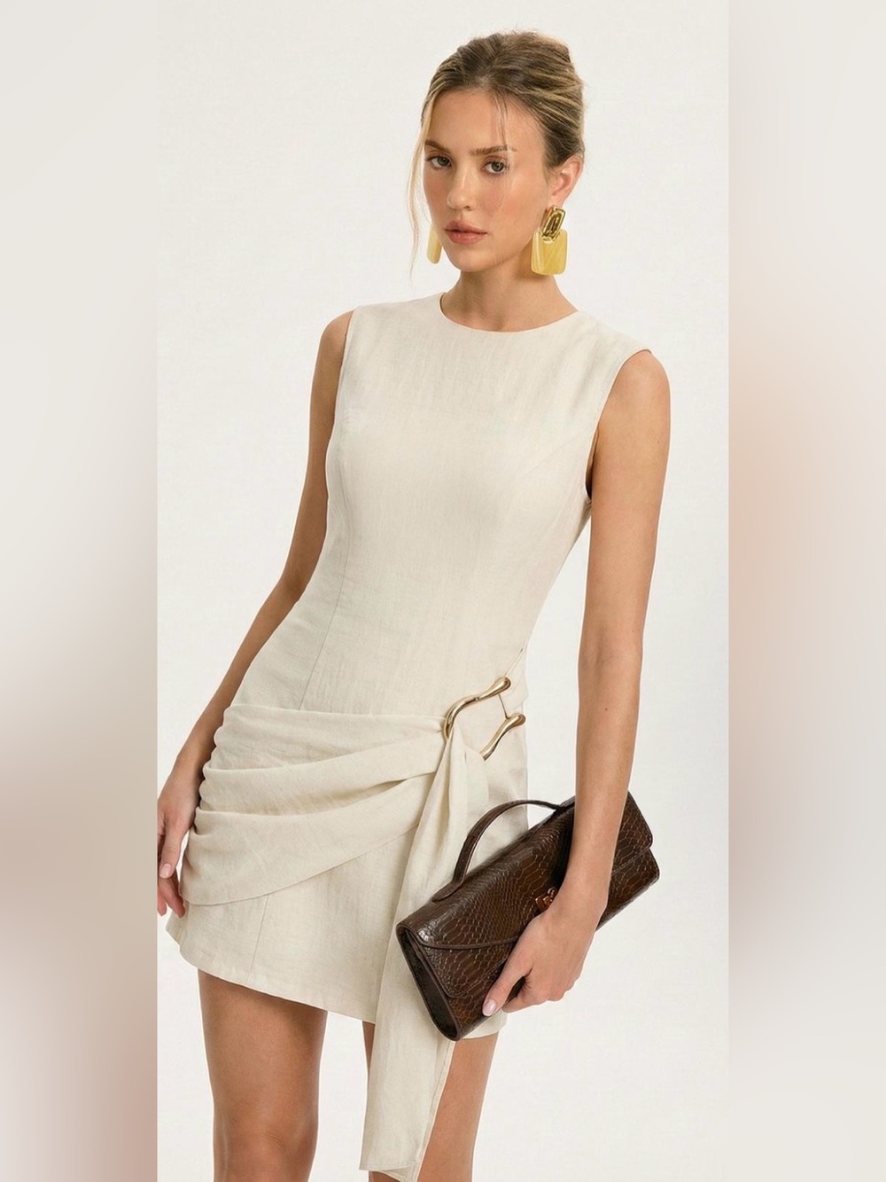 COMMENSE Tencel Asymmetric Buckle Ruched Mini Dress Apricot XL NWT